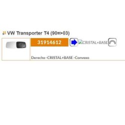 Recambio de cristal retrovisor derecho para volkswagen t4 transporter/furgoneta (mod. 1991) referencia OEM IAM 701857522L 319146