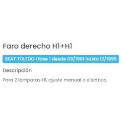 Recambio de faro derecho para seat toledo (1l) referencia OEM IAM 1L0941018 11854002 